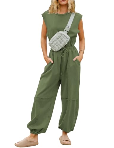 Flygo Women's Casual Crewneck Jumpsuit with Pockets