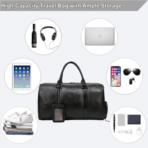 Men's Genuine Leather Weekender Travel Bag with Multi Compartments