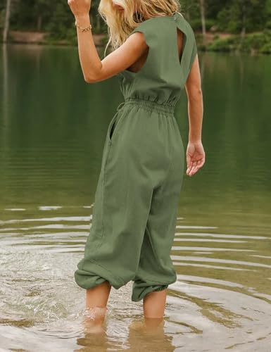 Flygo Women's Casual Crewneck Jumpsuit with Pockets