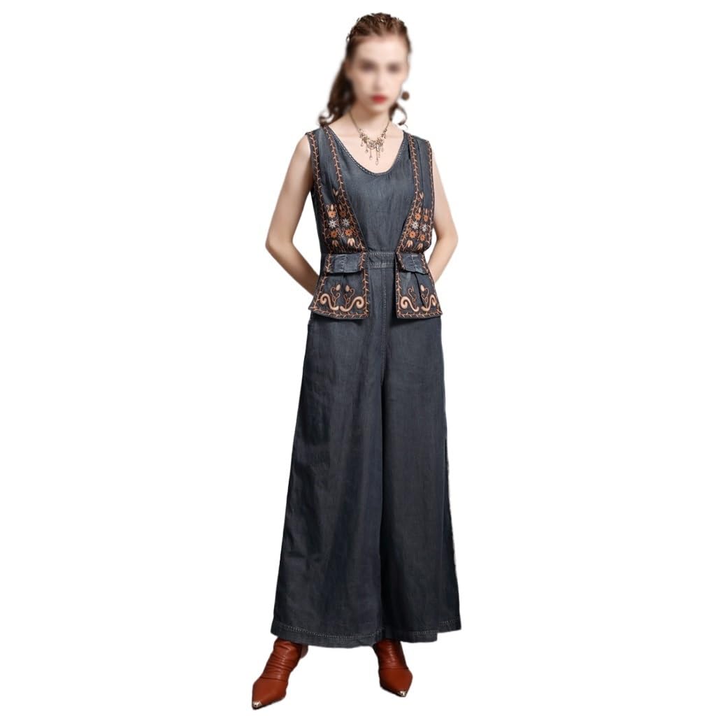 Women's Retro Embroidered Denim Wide-Leg Jumpsuit