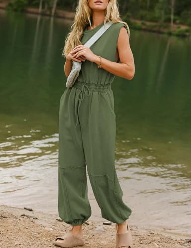 Flygo Women's Casual Crewneck Jumpsuit with Pockets