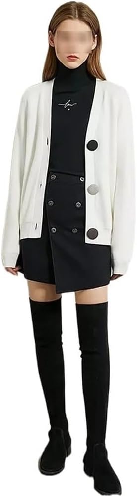 Women's V-Neck Loose-Fit Knit Cardigan with Contrast Buttons