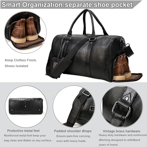 Men's Genuine Leather Weekender Travel Bag with Multi Compartments