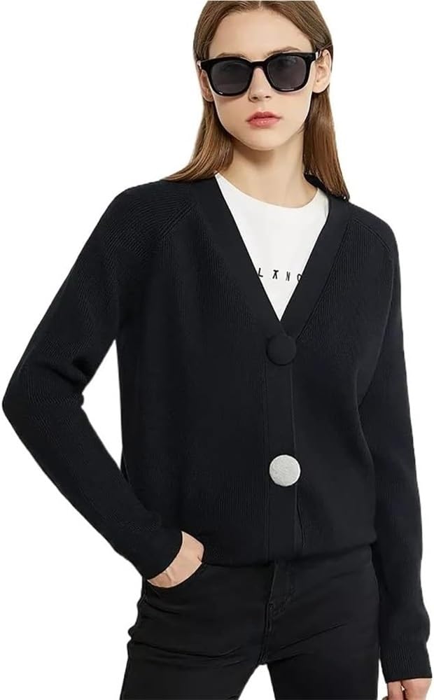 Women's V-Neck Loose-Fit Knit Cardigan with Contrast Buttons