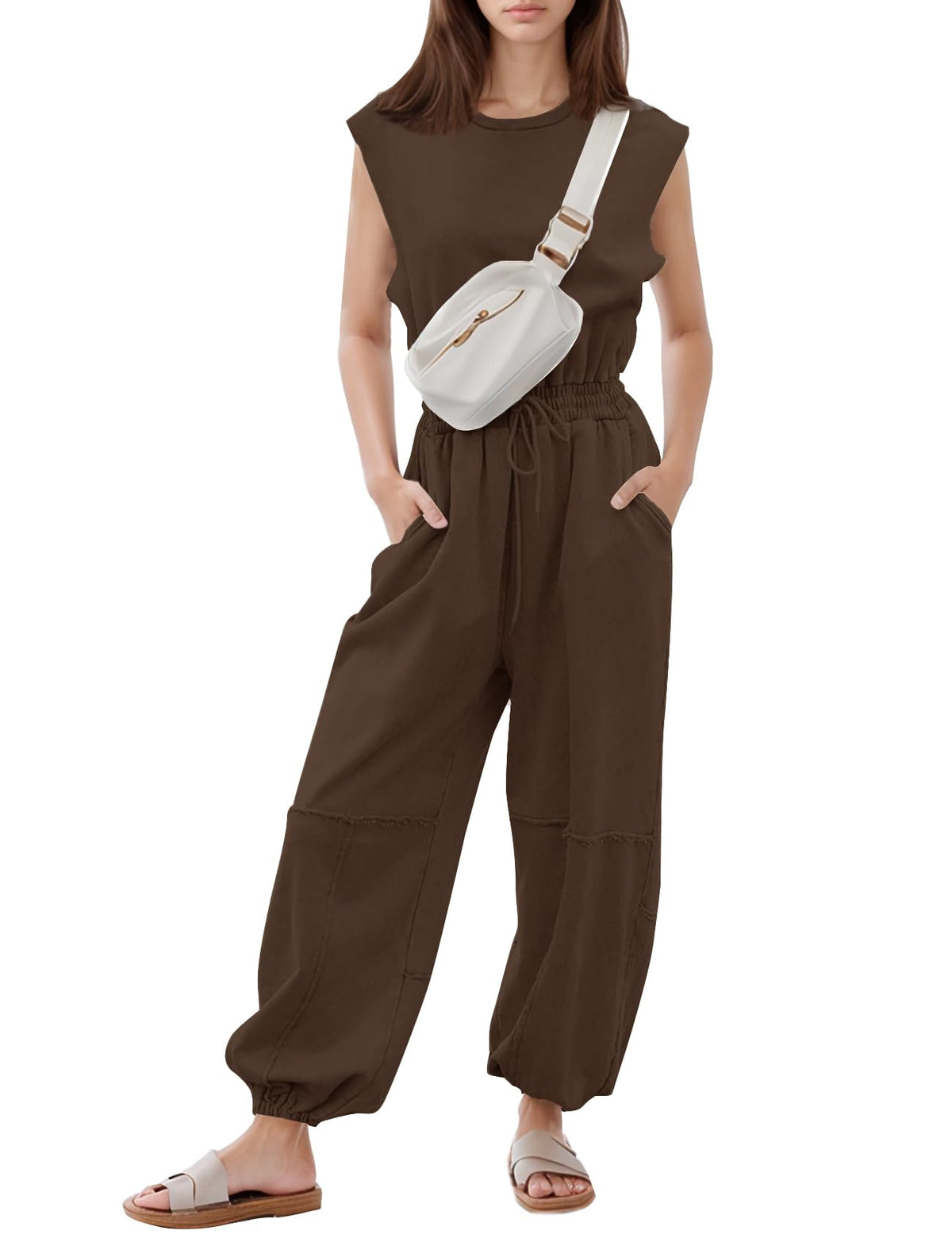 Flygo Women's Casual Crewneck Jumpsuit with Pockets
