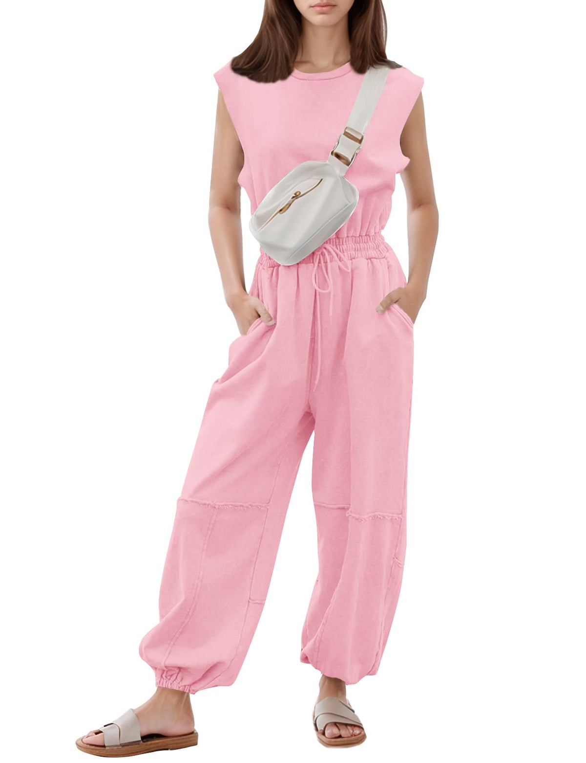 Flygo Women's Casual Crewneck Jumpsuit with Pockets