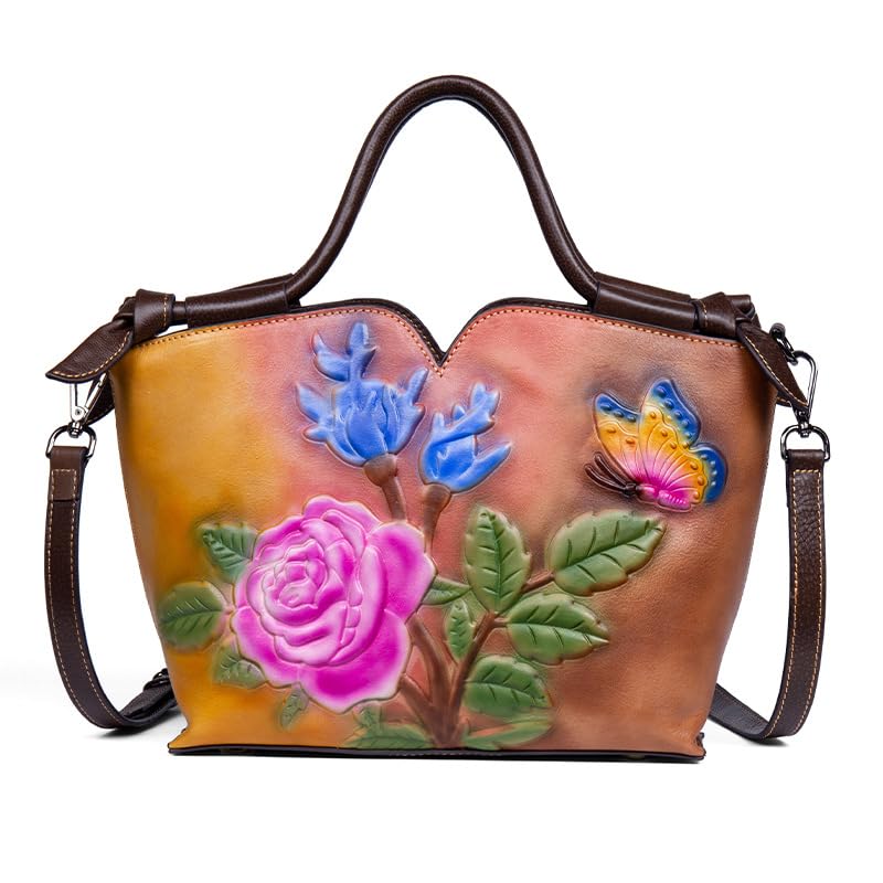 Women's Floral Genuine Leather Tote and Crossbody Bag