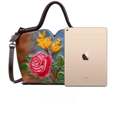 Women's Floral Genuine Leather Tote and Crossbody Bag