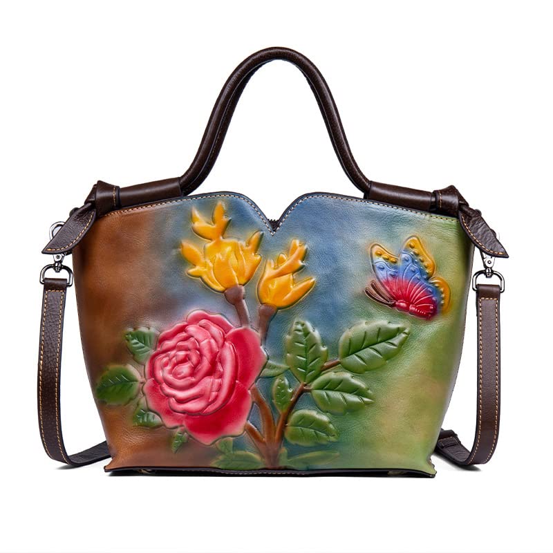 Women's Floral Genuine Leather Tote and Crossbody Bag
