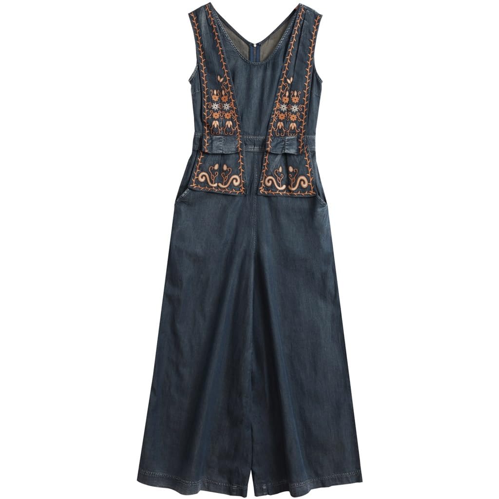 Women's Retro Embroidered Denim Wide-Leg Jumpsuit