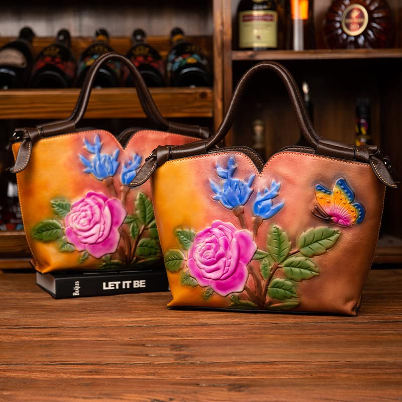 Women's Floral Genuine Leather Tote and Crossbody Bag