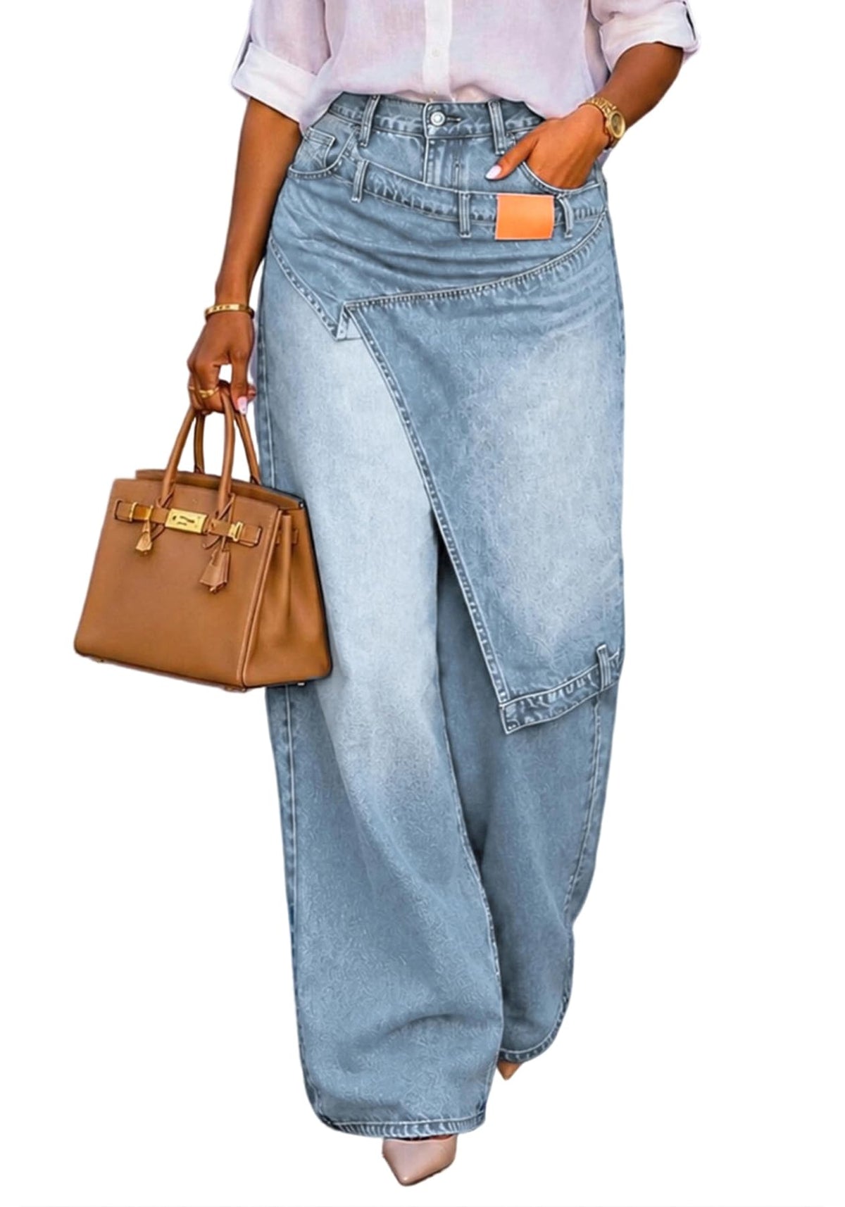 LETSVDO Women's Wide-Leg Wrap Skirt Cargo Baggy Jeans