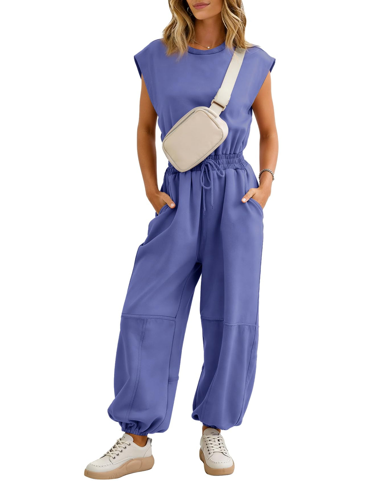 Flygo Women's Casual Crewneck Jumpsuit with Pockets