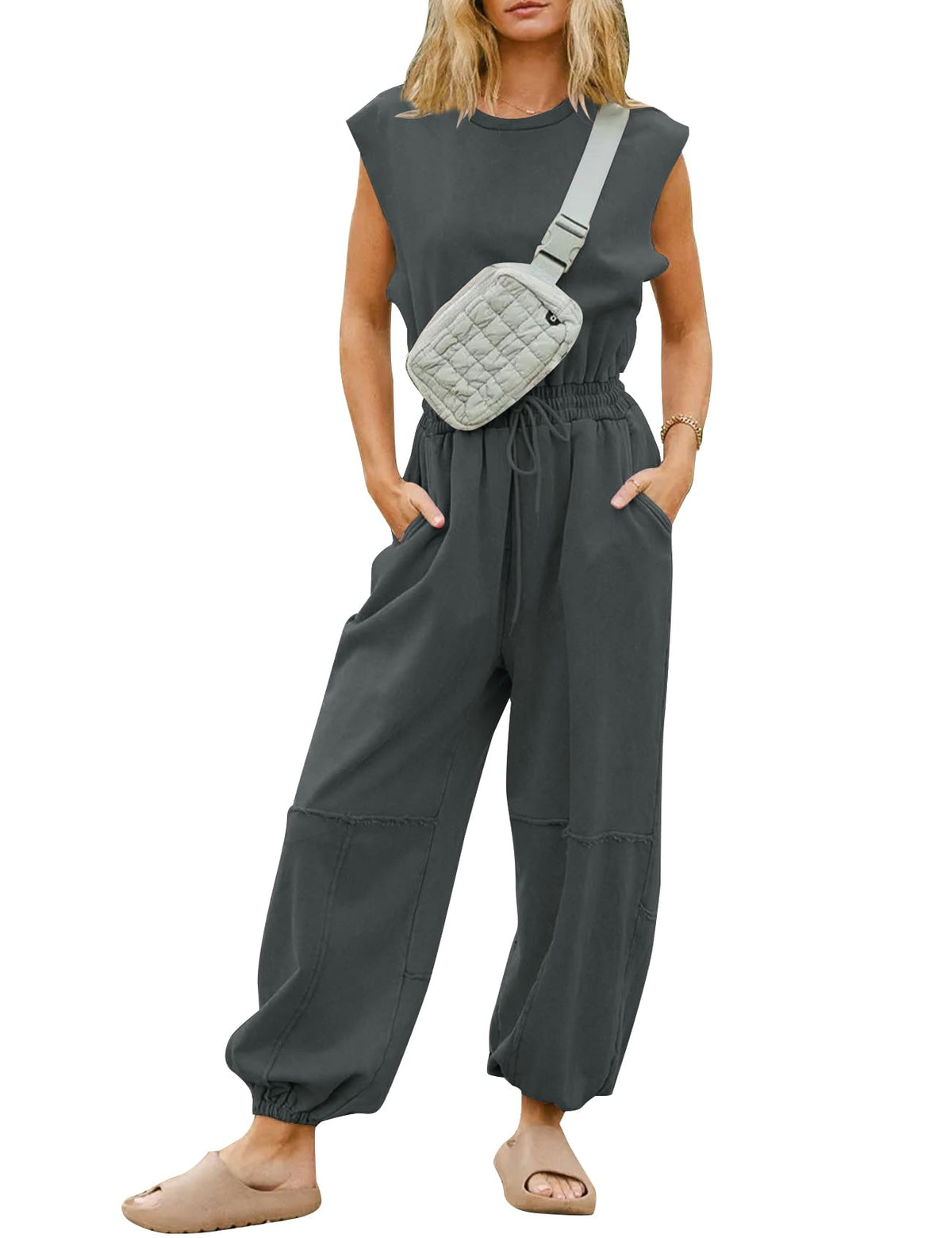 Flygo Women's Casual Crewneck Jumpsuit with Pockets