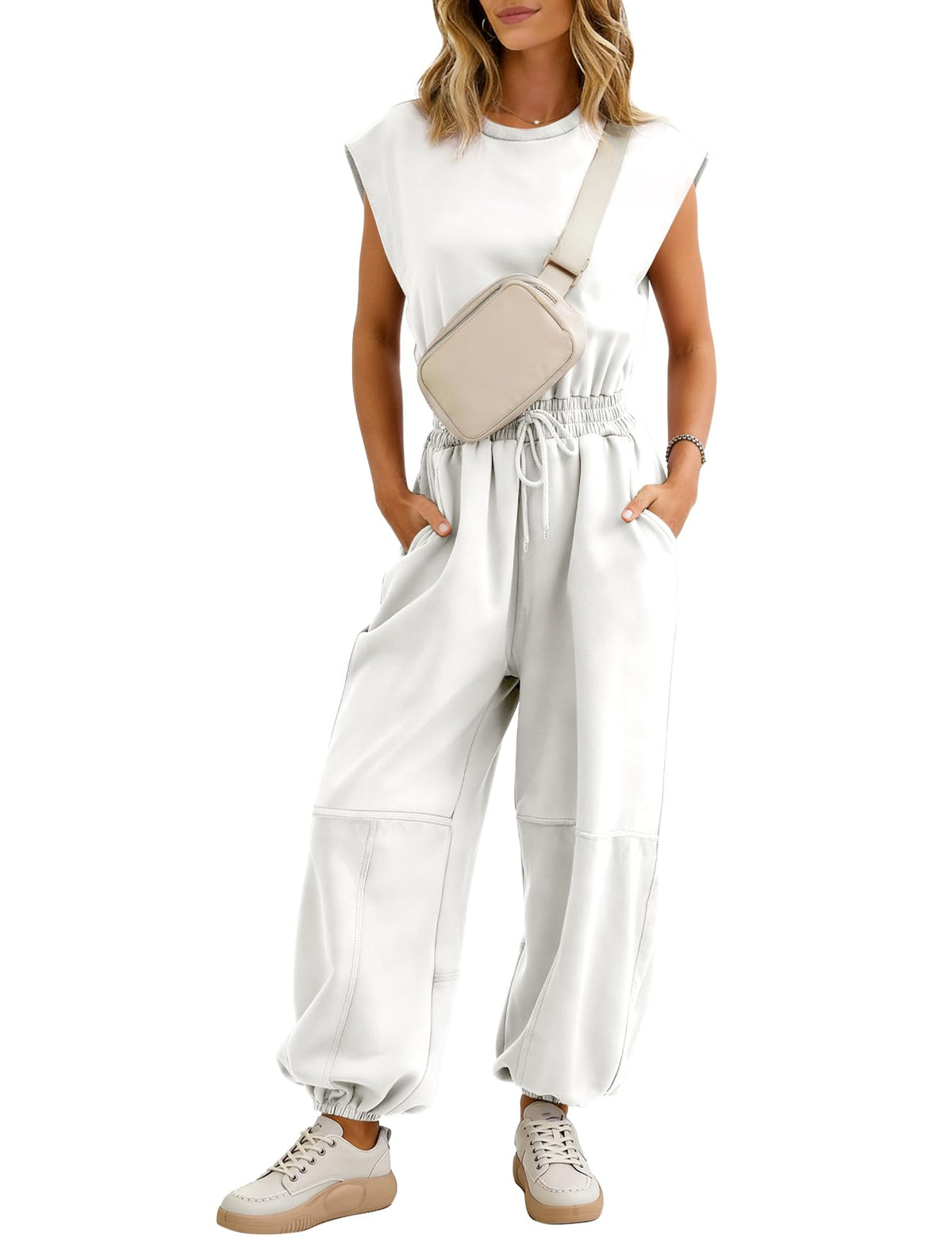 Flygo Women's Casual Crewneck Jumpsuit with Pockets