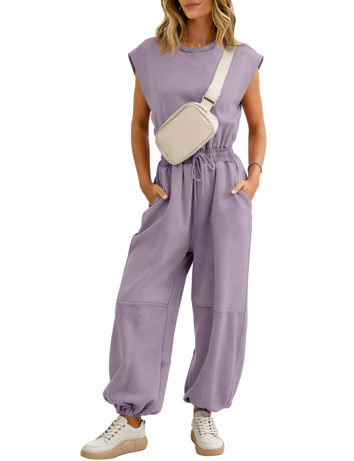 Flygo Women's Casual Crewneck Jumpsuit with Pockets