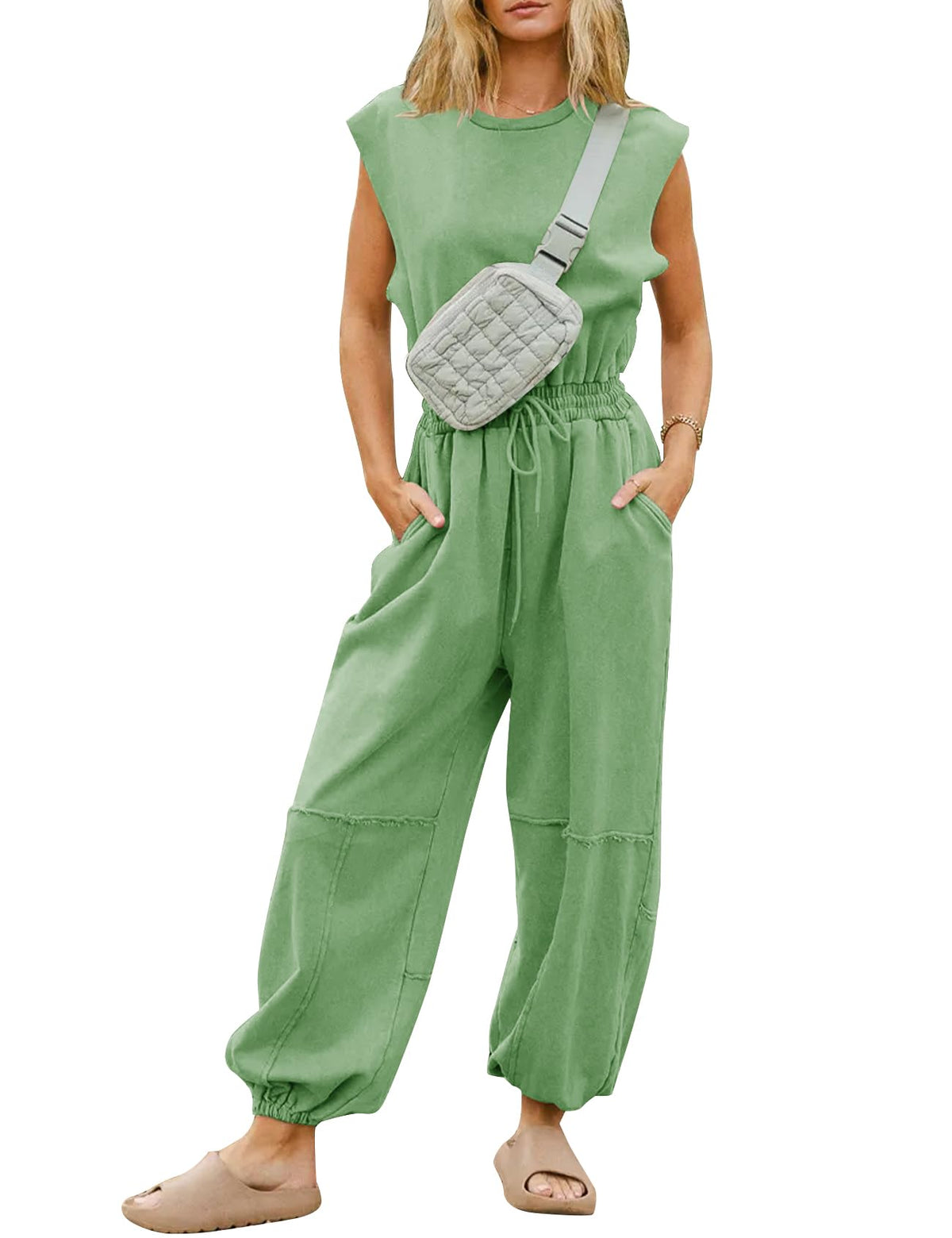 Flygo Women's Casual Crewneck Jumpsuit with Pockets