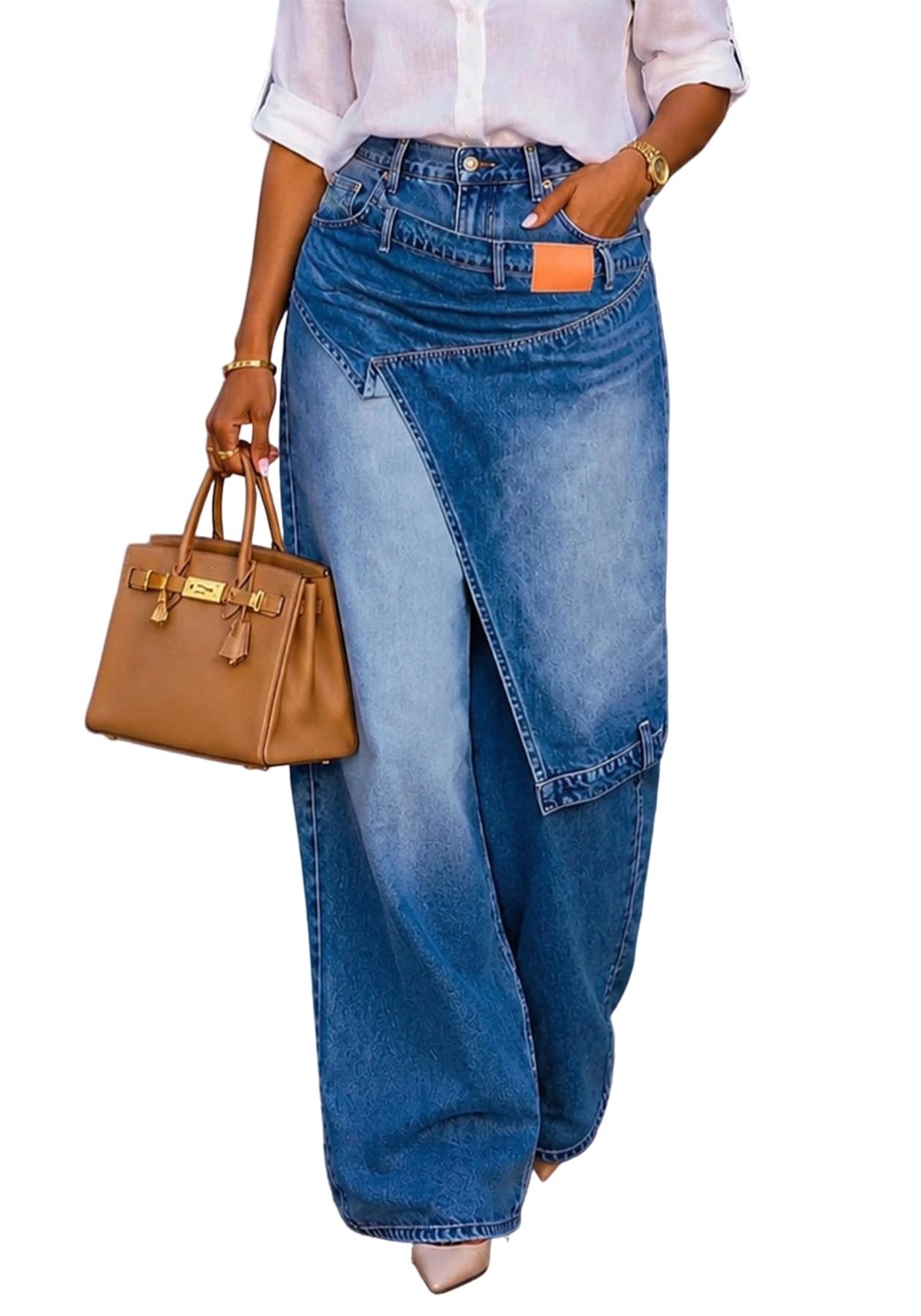 LETSVDO Women's Wide-Leg Wrap Skirt Cargo Baggy Jeans
