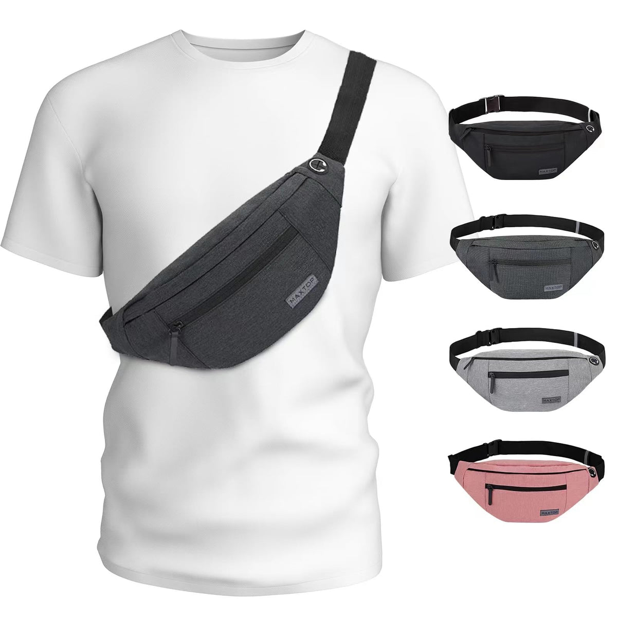 MAXTOP Unisex Large Crossbody Fanny Pack with 4 Zipper Pockets
