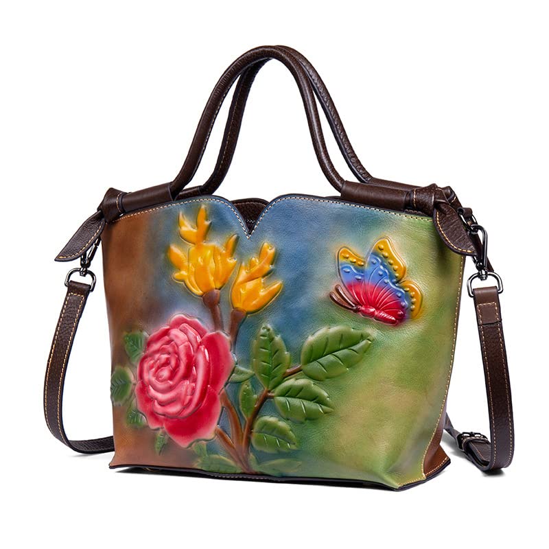 Women's Floral Genuine Leather Tote and Crossbody Bag
