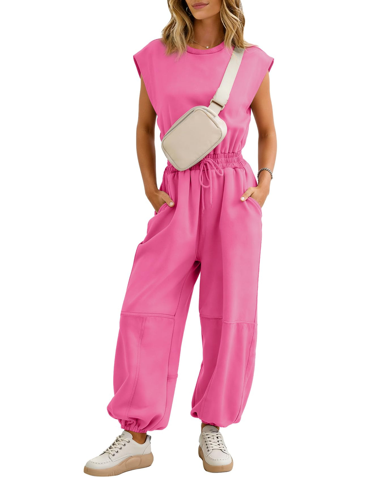 Flygo Women's Casual Crewneck Jumpsuit with Pockets