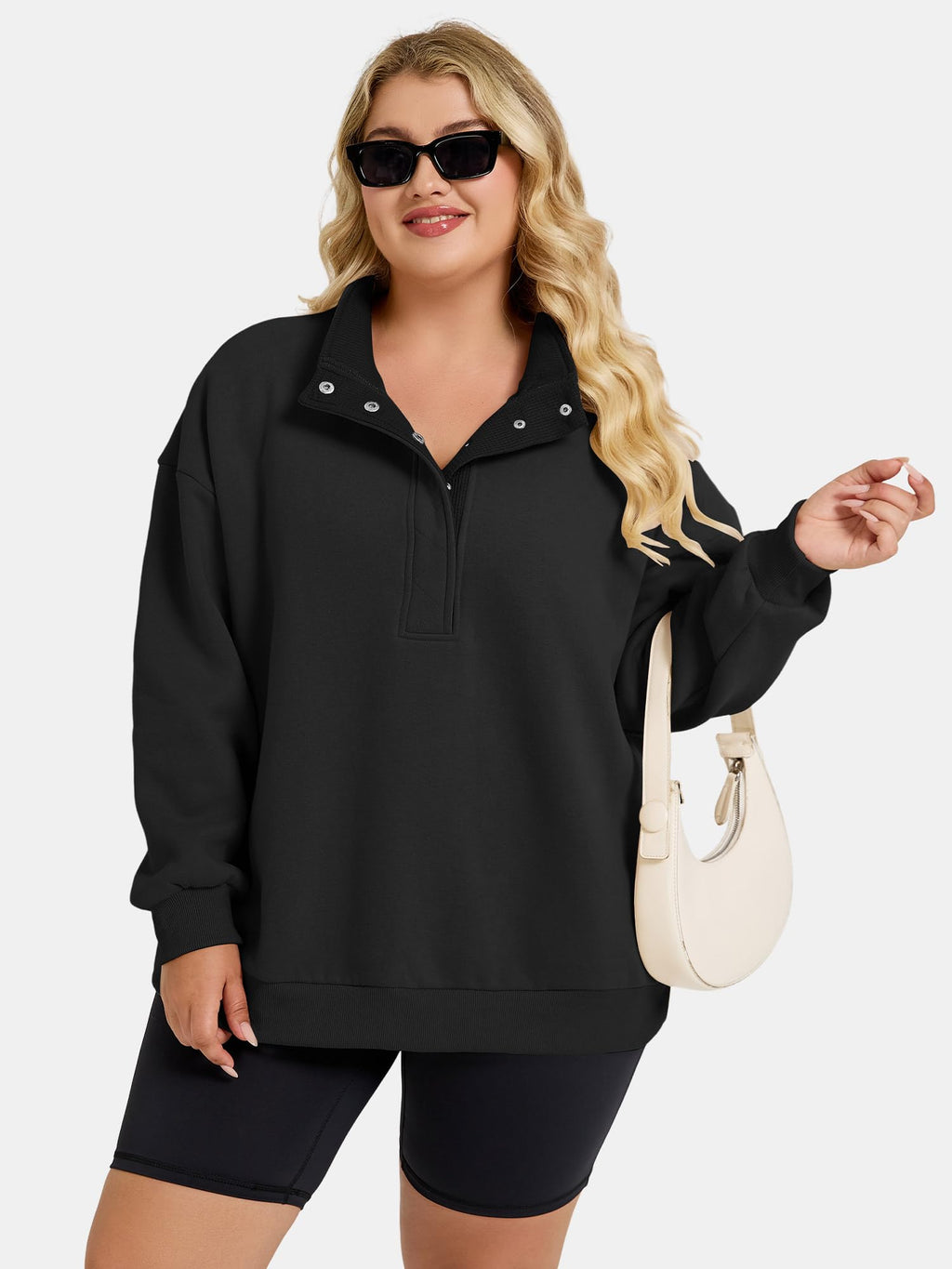 Women's Plus-Size Mock Neck Henley Pullover Sweatshirt