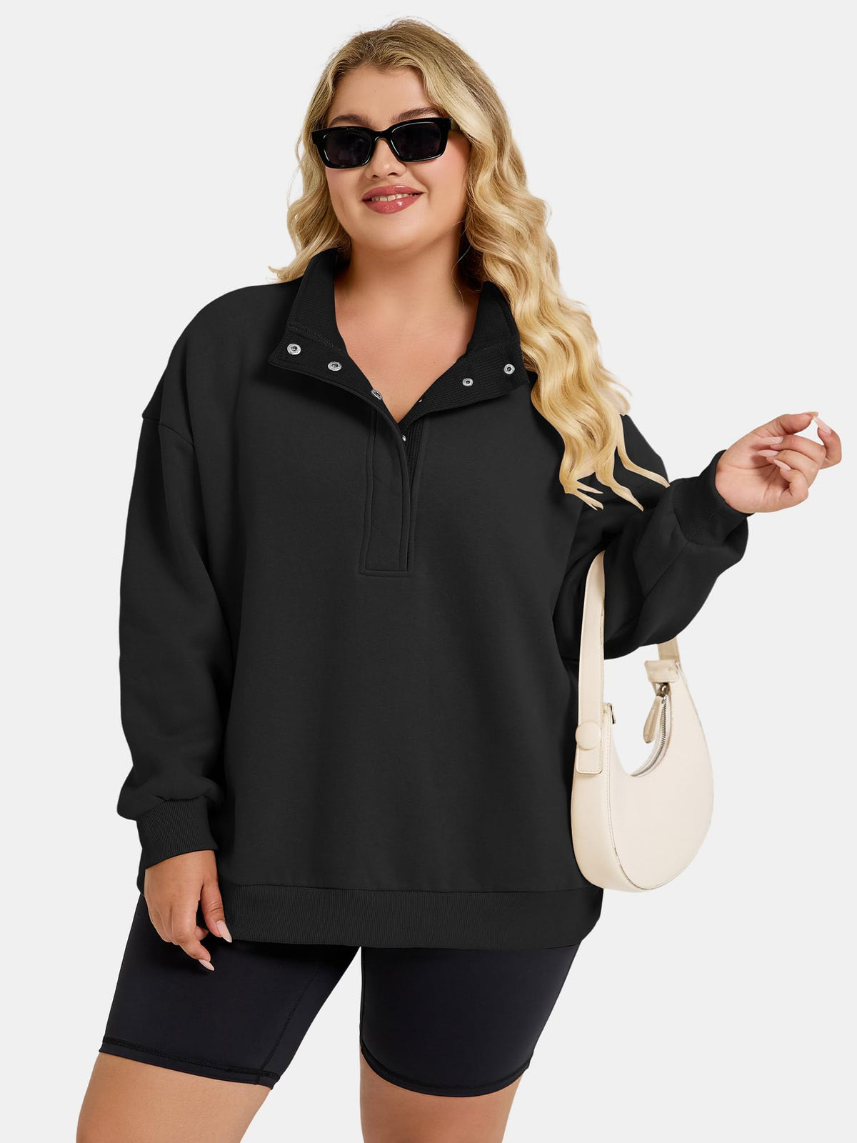 Women's Plus-Size Mock Neck Henley Pullover Sweatshirt