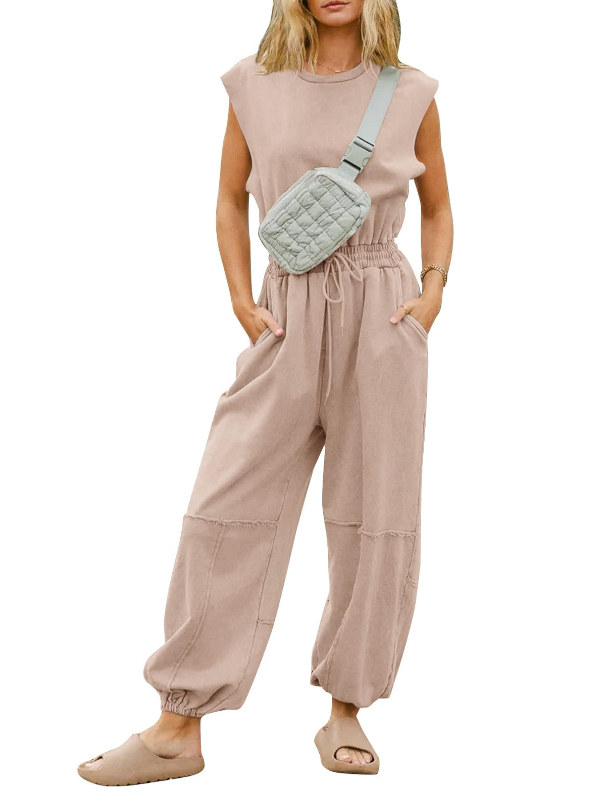Flygo Women's Casual Crewneck Jumpsuit with Pockets