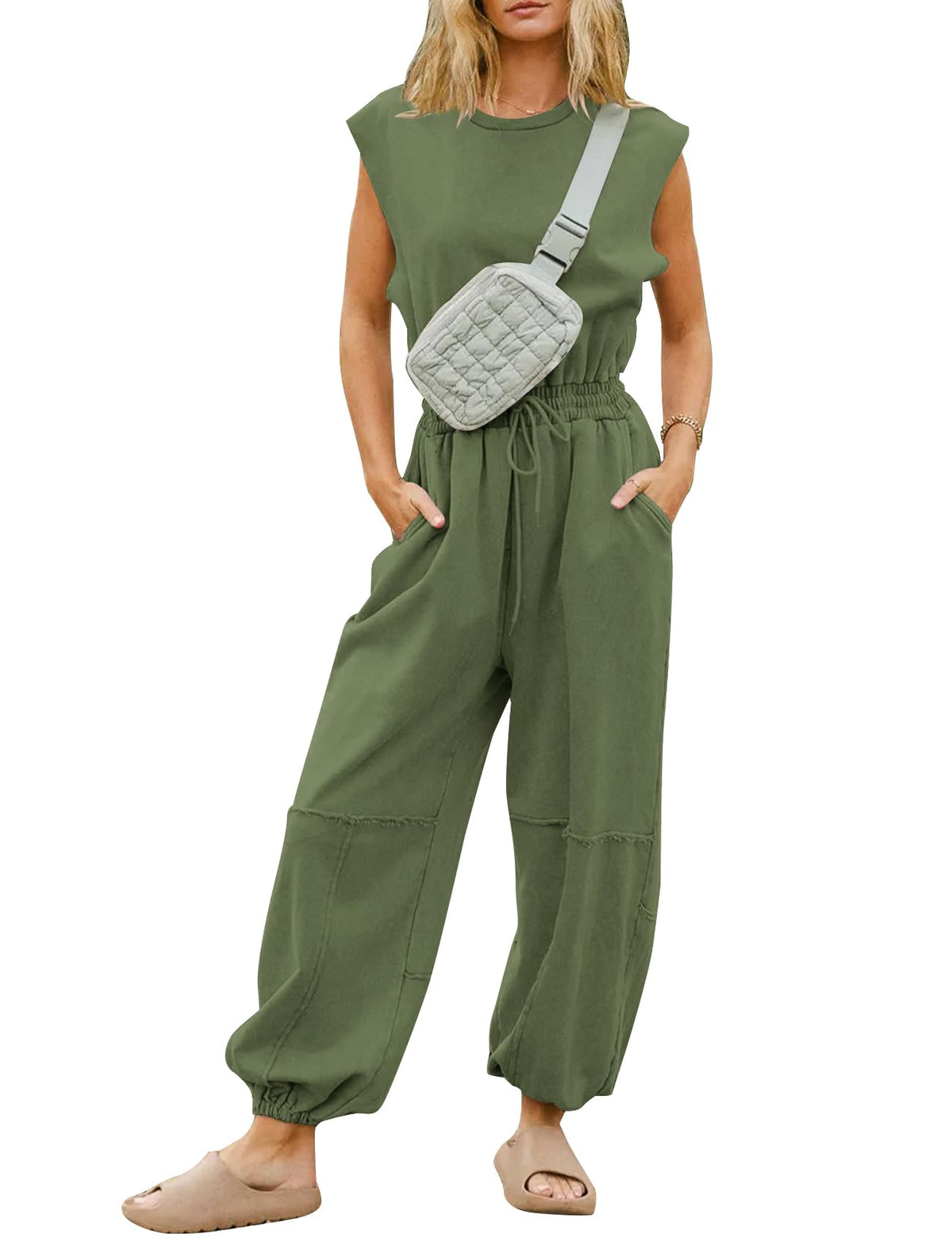 Flygo Women's Casual Crewneck Jumpsuit with Pockets
