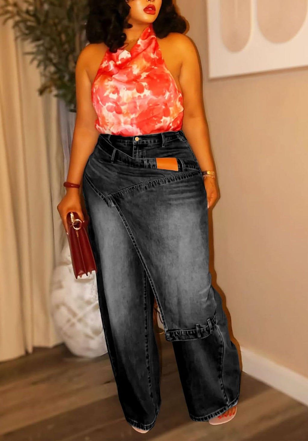 LETSVDO Women's Wide-Leg Wrap Skirt Cargo Baggy Jeans
