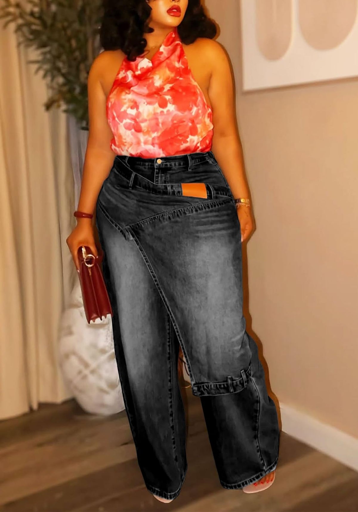 LETSVDO Women's Wide-Leg Wrap Skirt Cargo Baggy Jeans
