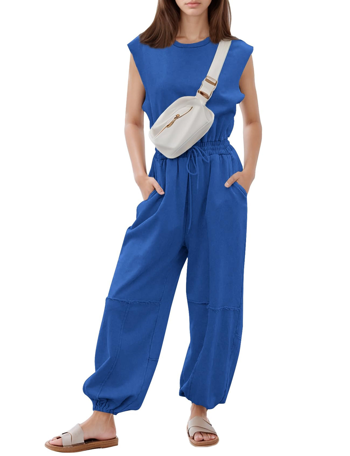Flygo Women's Casual Crewneck Jumpsuit with Pockets