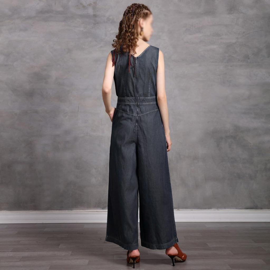 Women's Retro Embroidered Denim Wide-Leg Jumpsuit