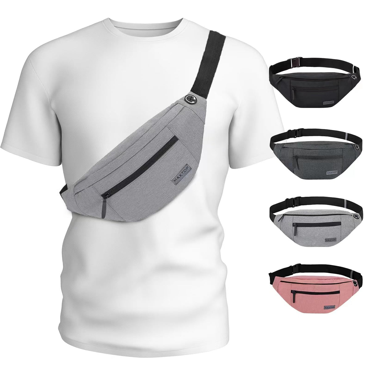 MAXTOP Unisex Large Crossbody Fanny Pack with 4 Zipper Pockets