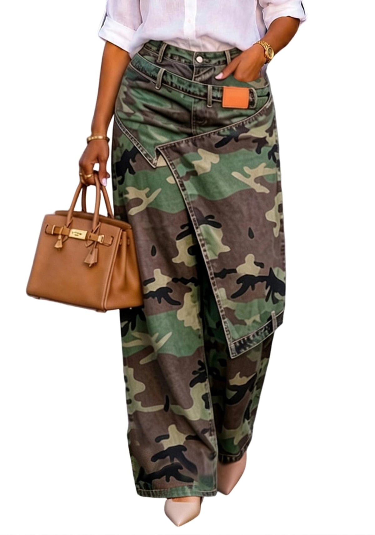 LETSVDO Women's Wide-Leg Wrap Skirt Cargo Baggy Jeans