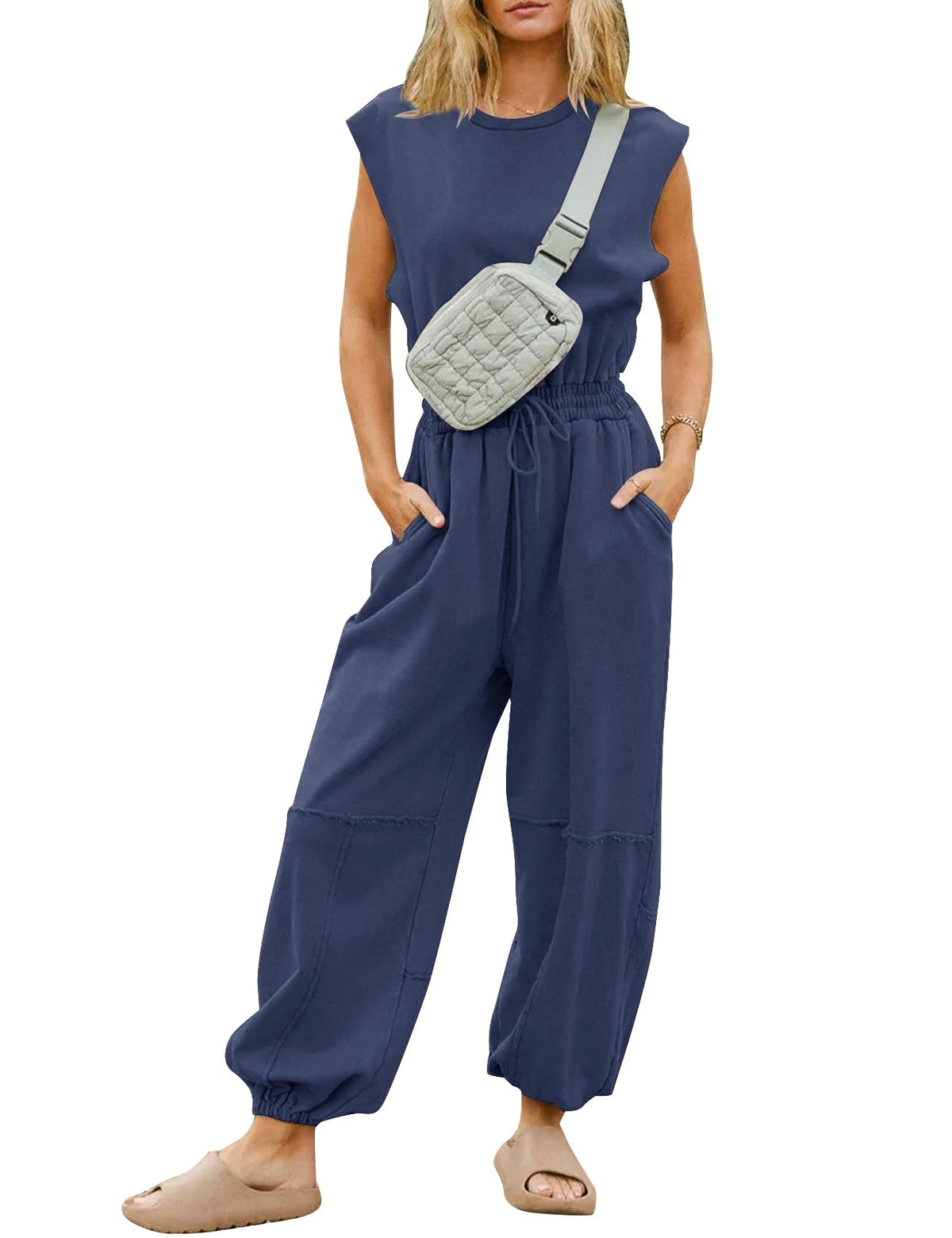 Flygo Women's Casual Crewneck Jumpsuit with Pockets