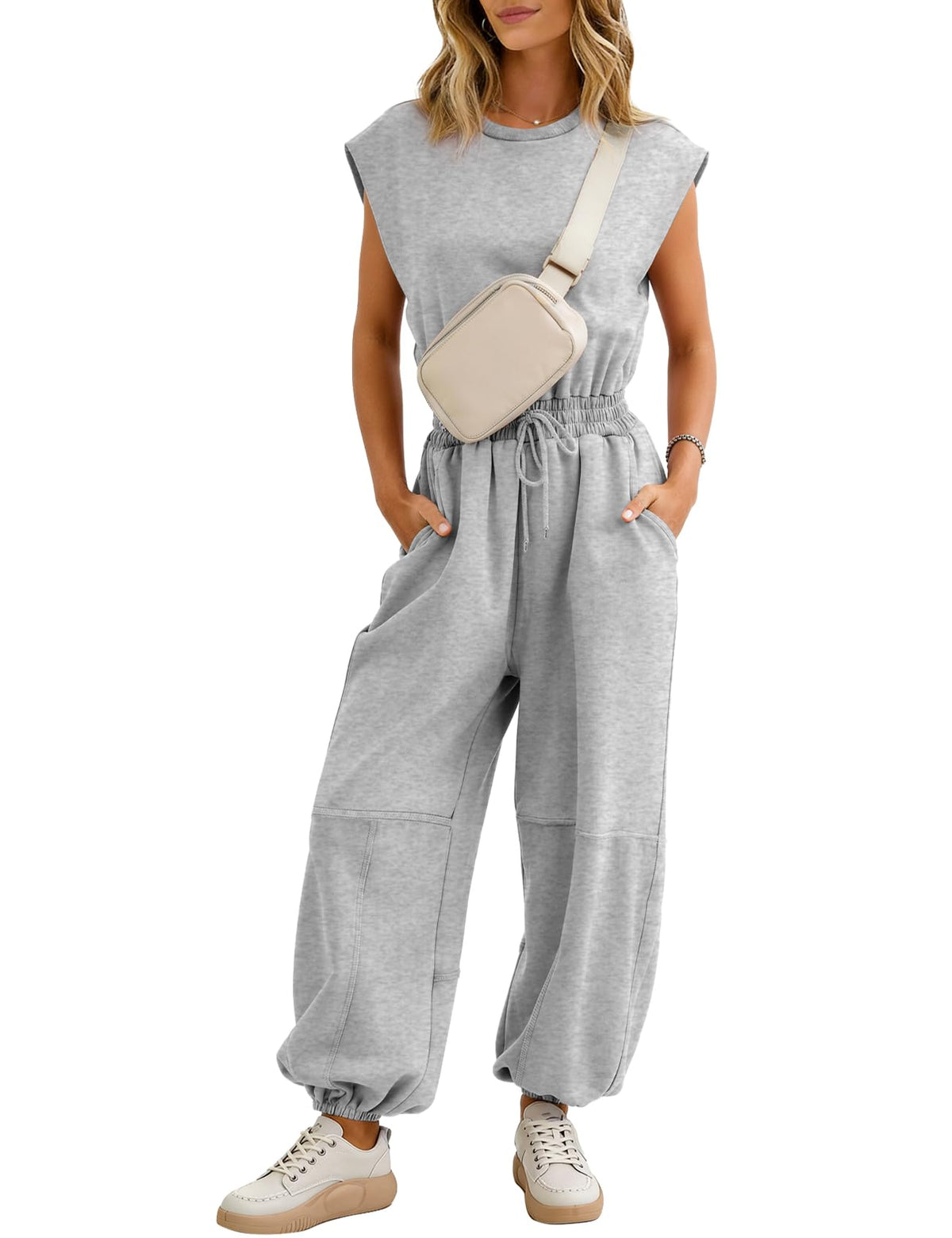 Flygo Women's Casual Crewneck Jumpsuit with Pockets