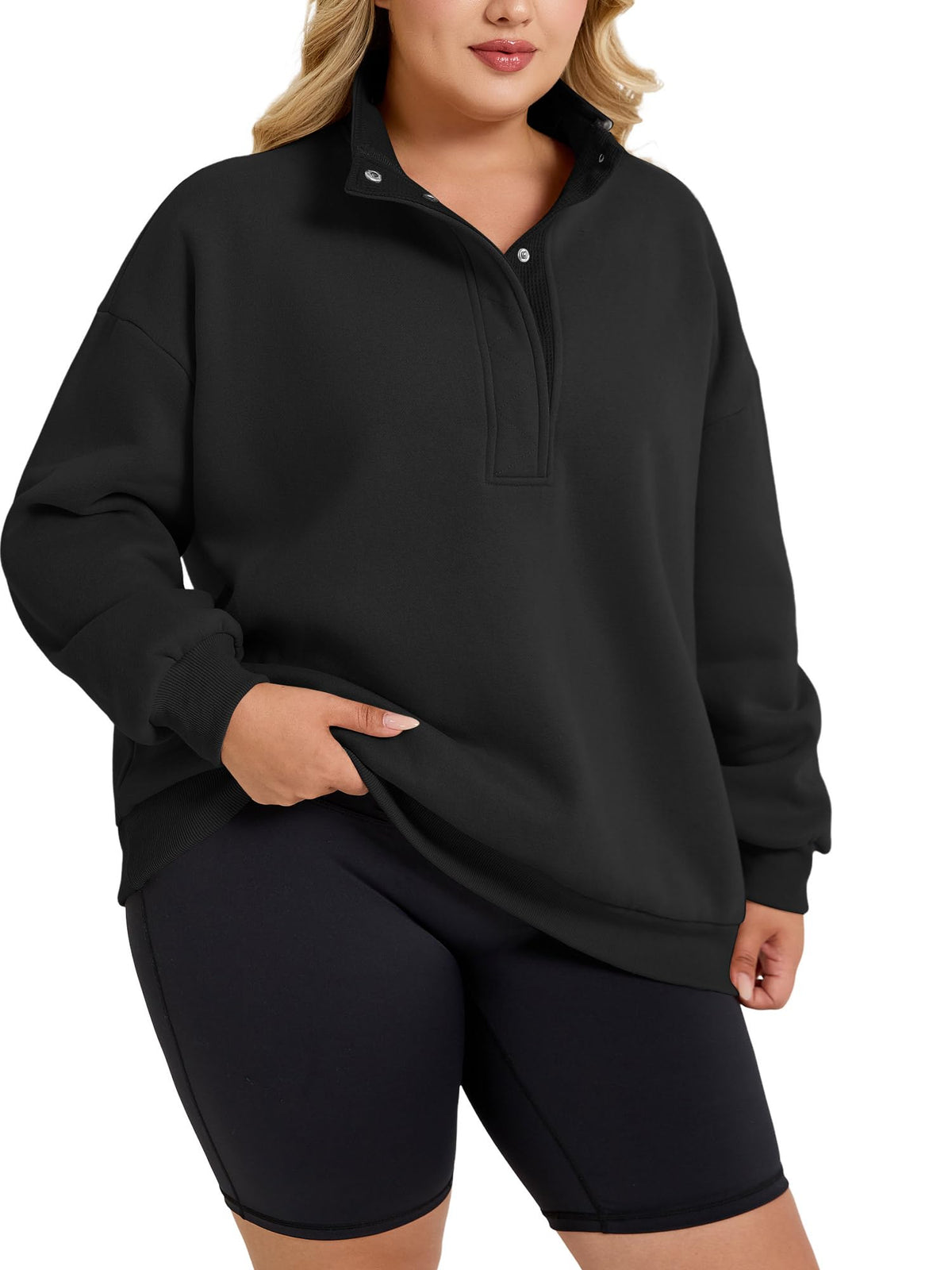 Women's Plus-Size Mock Neck Henley Pullover Sweatshirt