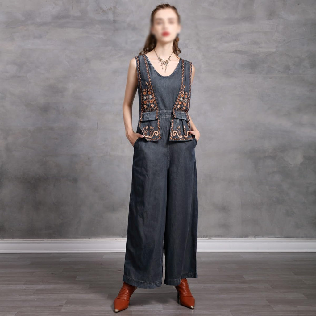 Women's Retro Embroidered Denim Wide-Leg Jumpsuit