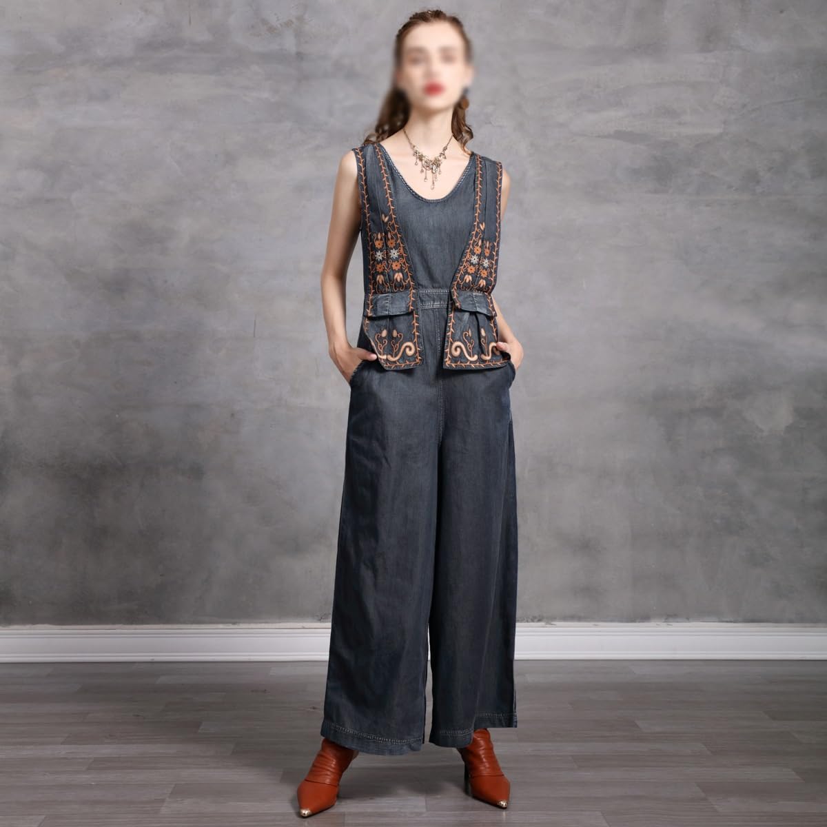 Women's Retro Embroidered Denim Wide-Leg Jumpsuit
