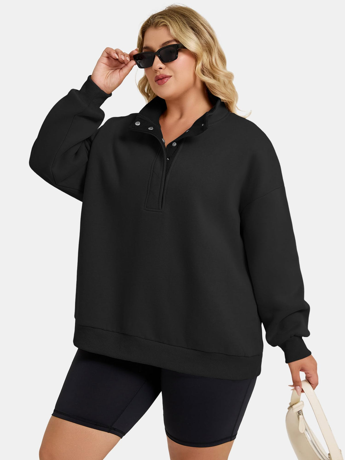 Women's Plus-Size Mock Neck Henley Pullover Sweatshirt