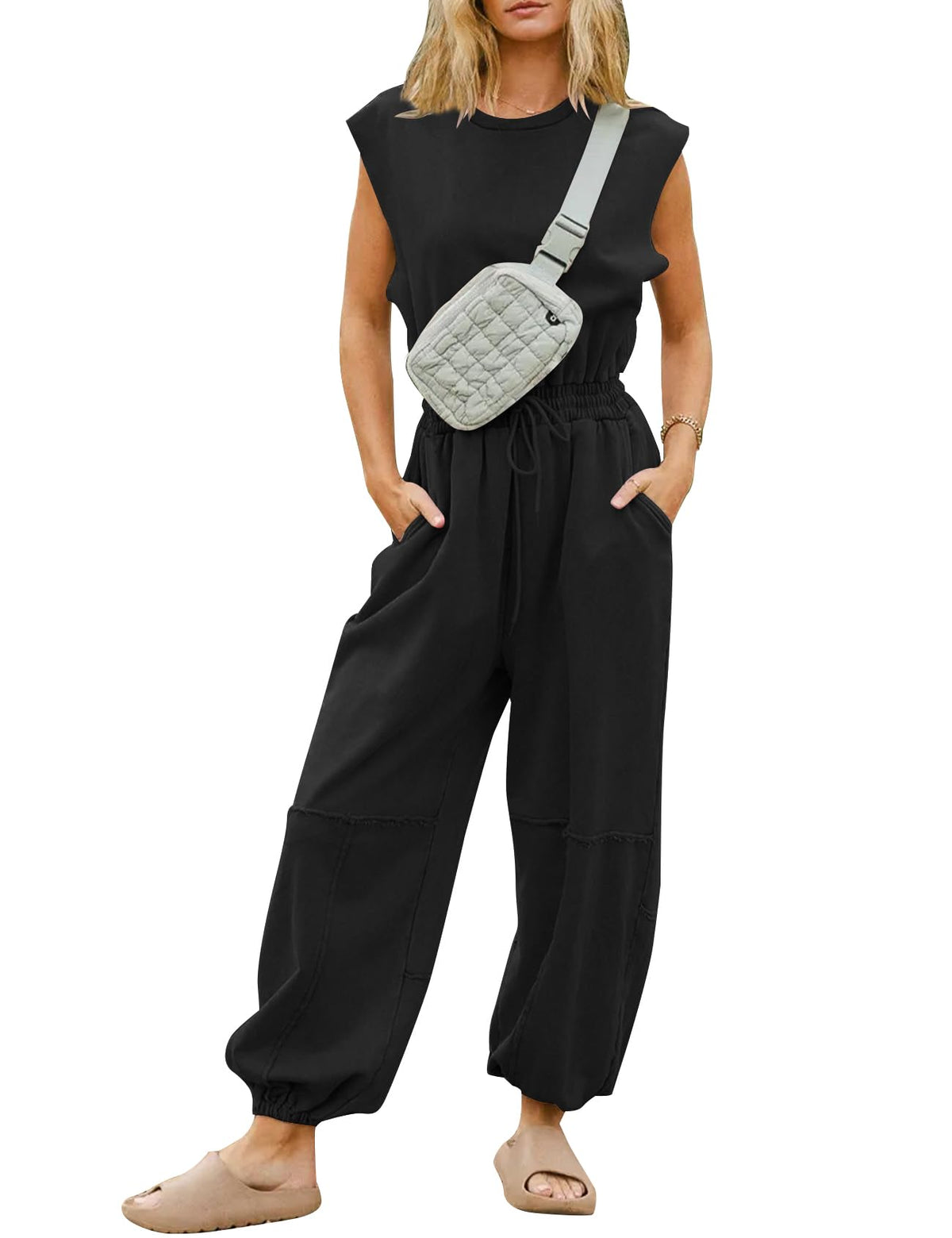 Flygo Women's Casual Crewneck Jumpsuit with Pockets
