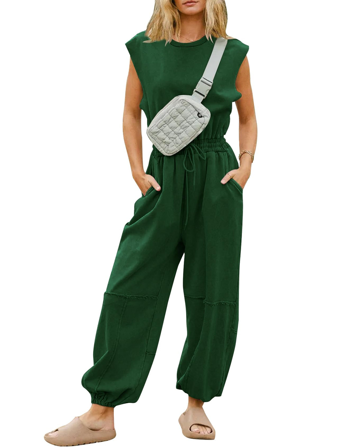 Flygo Women's Casual Crewneck Jumpsuit with Pockets
