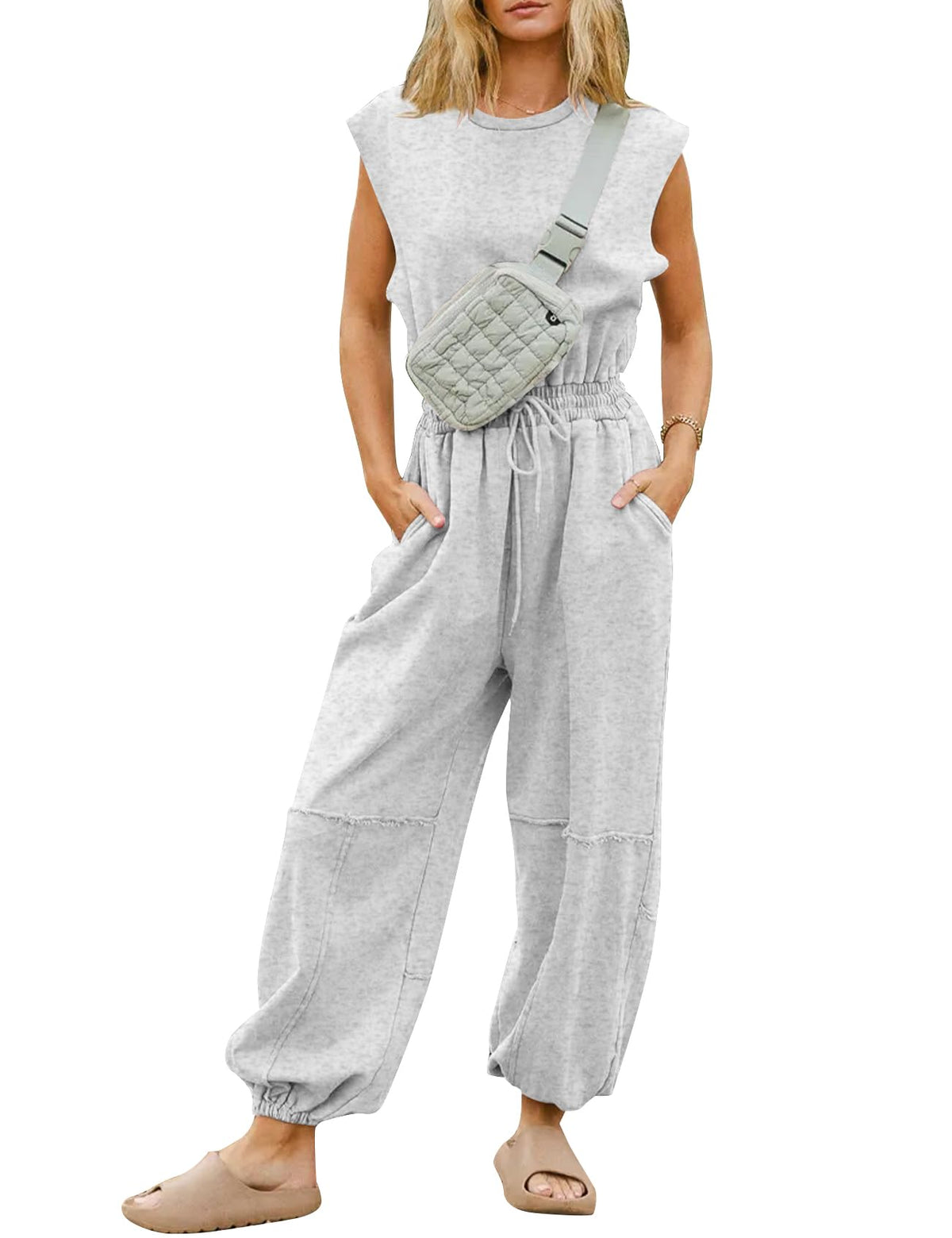 Flygo Women's Casual Crewneck Jumpsuit with Pockets