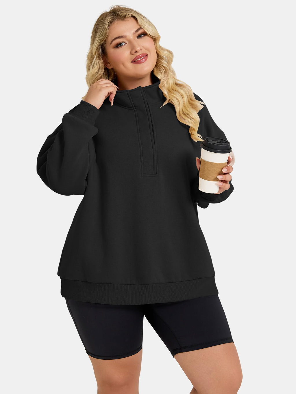 Women's Plus-Size Mock Neck Henley Pullover Sweatshirt