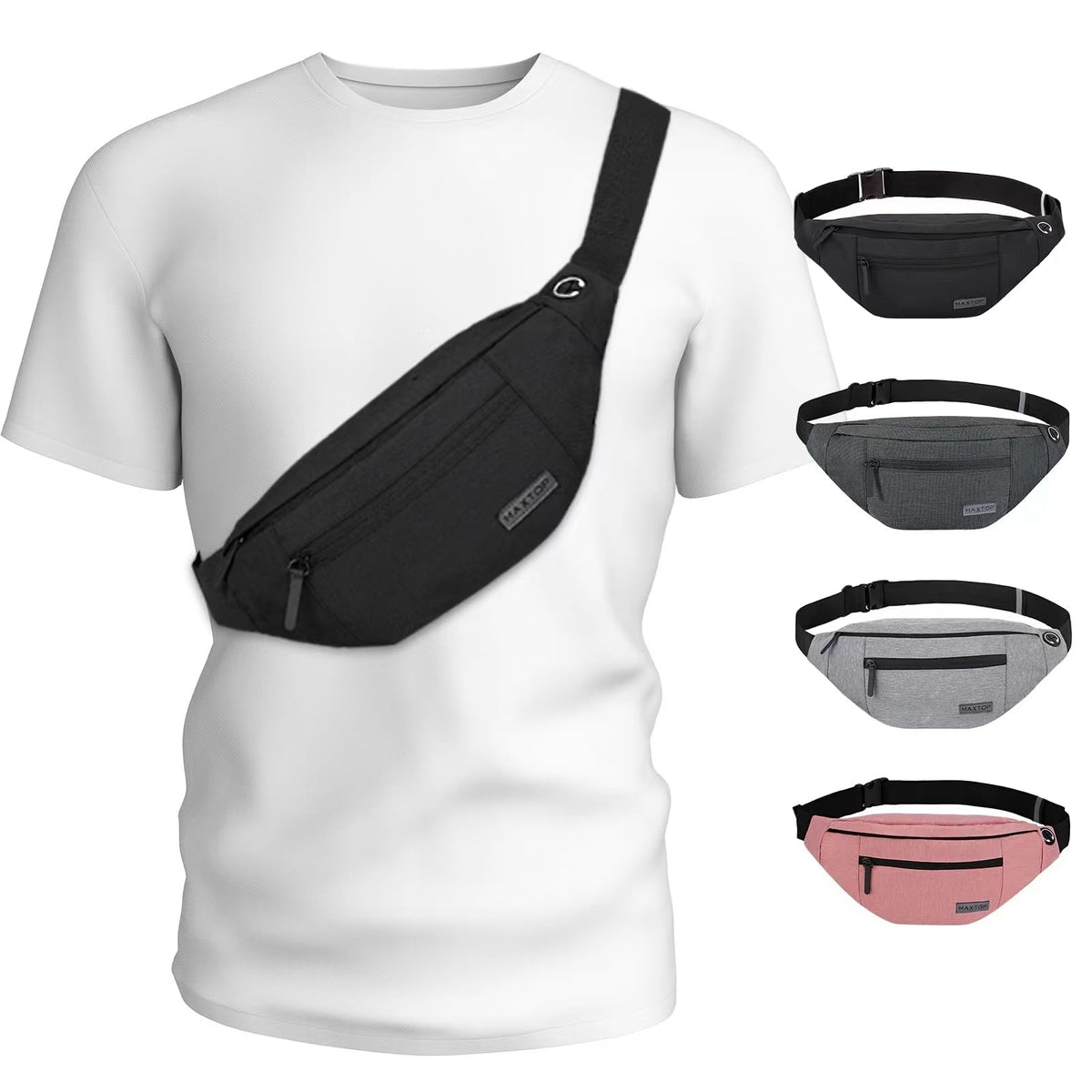 MAXTOP Unisex Large Crossbody Fanny Pack with 4 Zipper Pockets