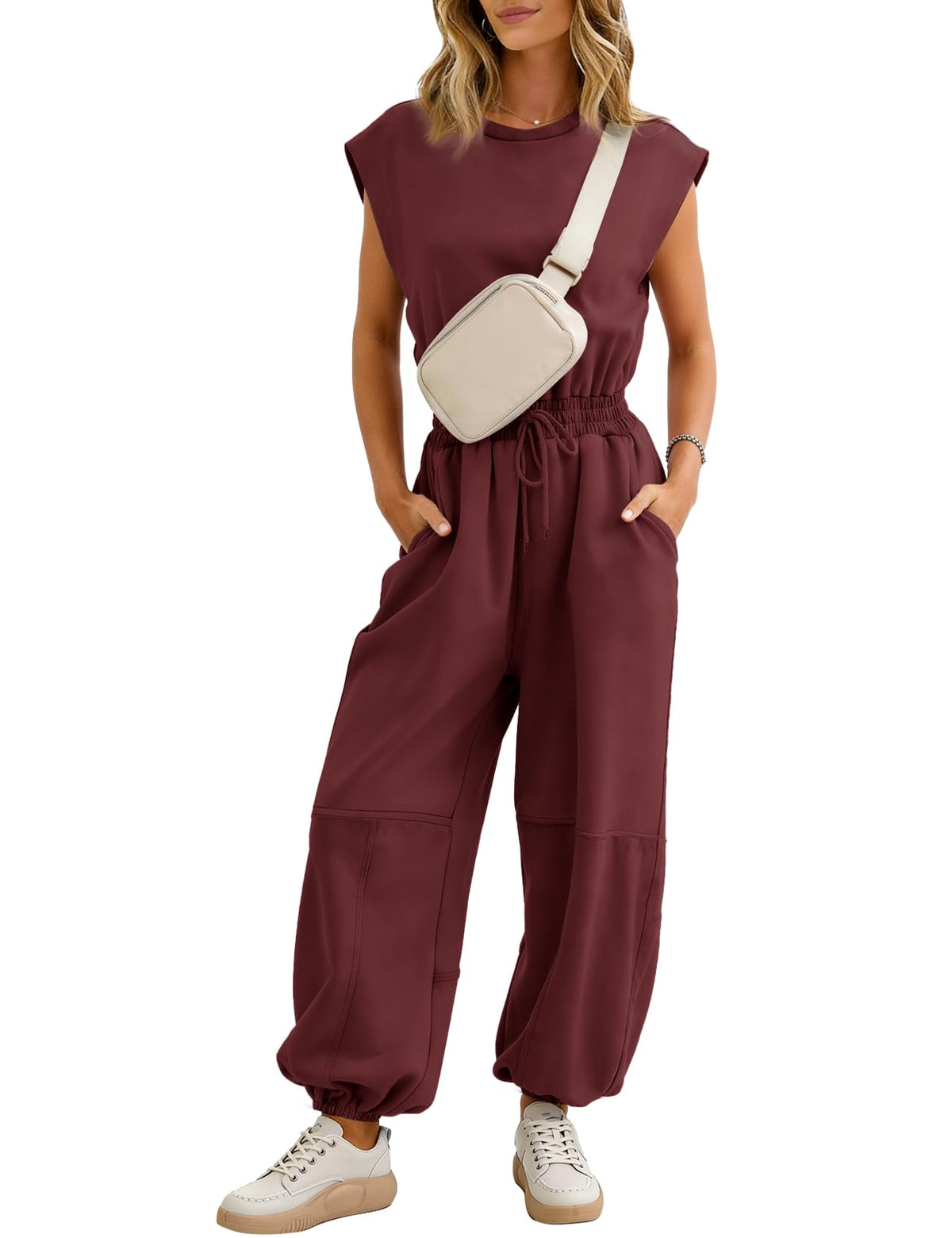 Flygo Women's Casual Crewneck Jumpsuit with Pockets