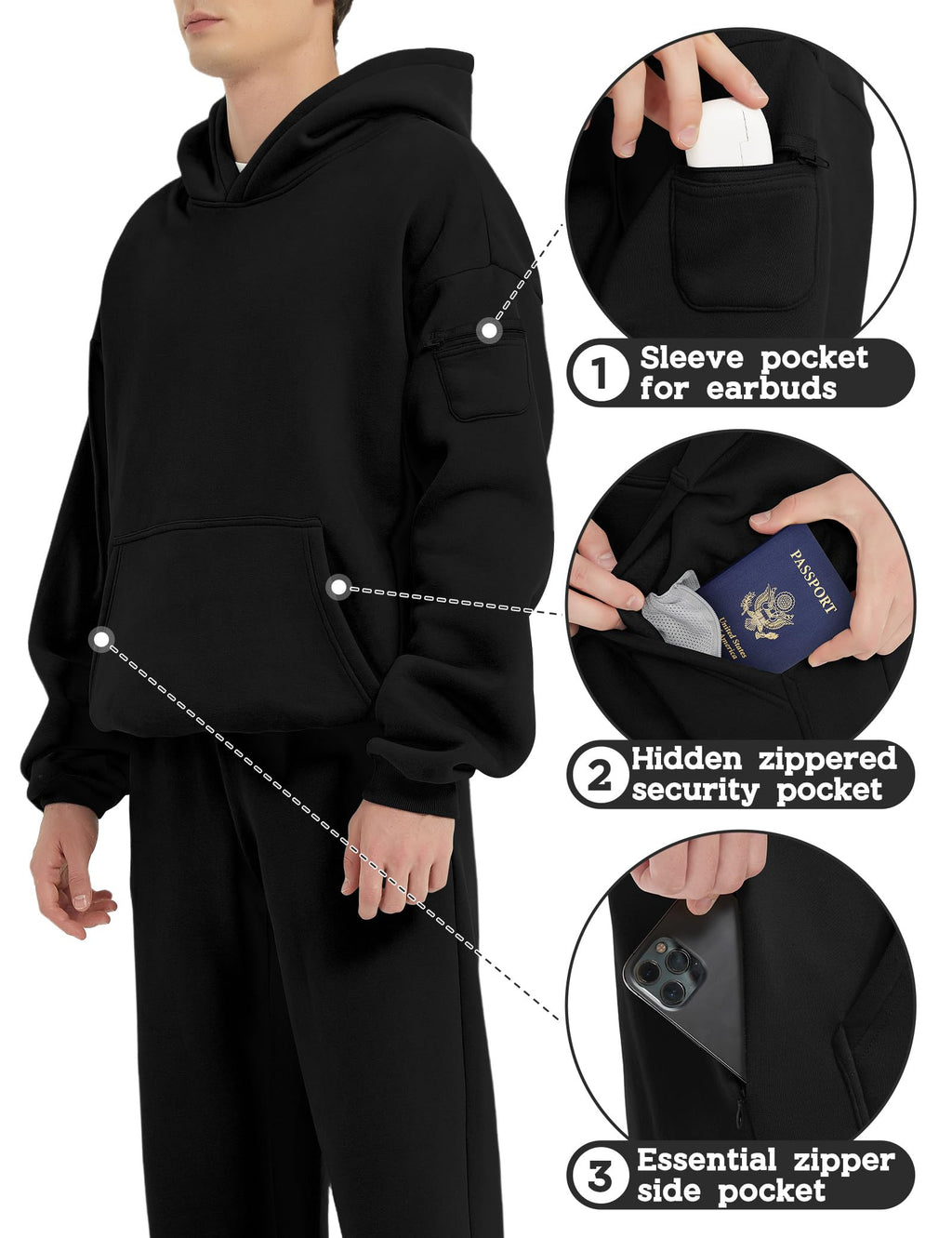 FAIABLE Men's Relaxed Fit Fleece Hoodie with Zipper Pockets