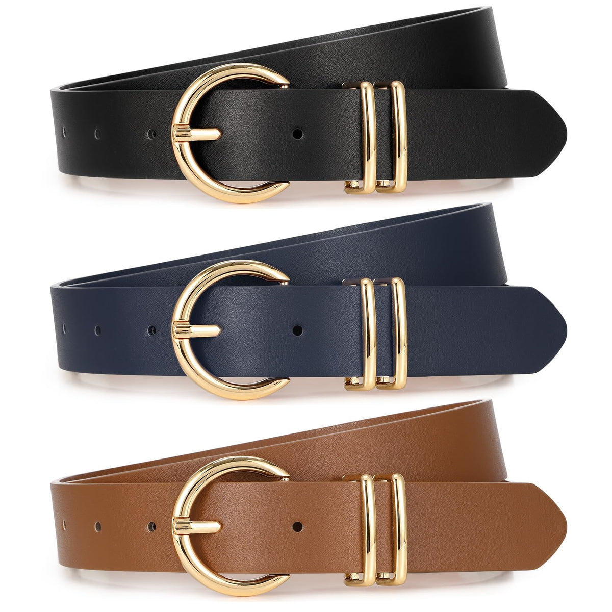 Women's Leather Waist Belts with Gold Buckle 3-Pack