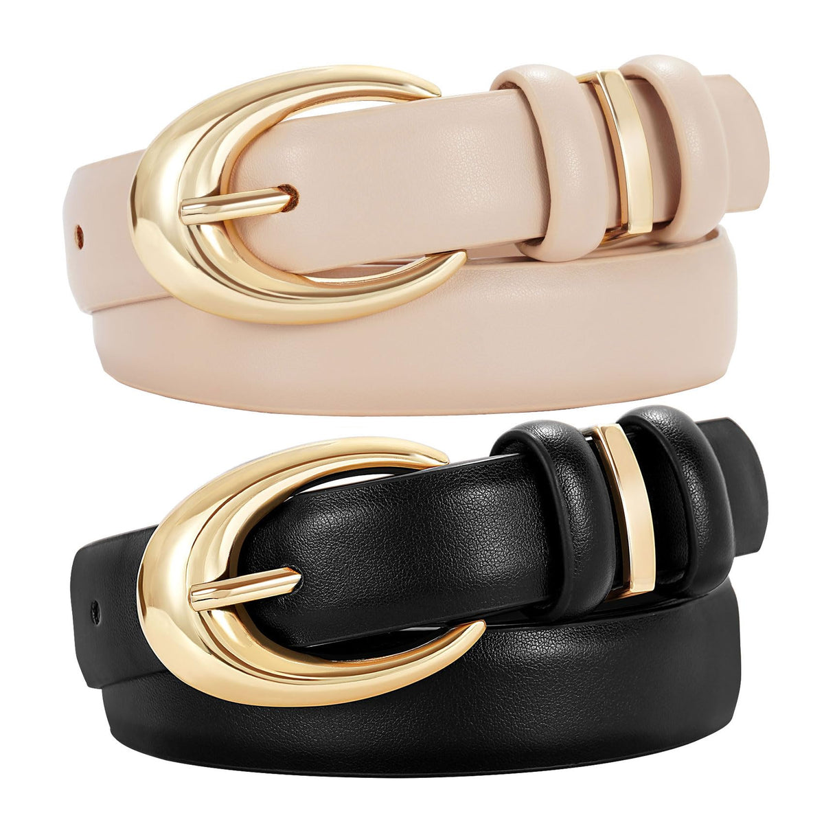 Women's Faux Leather Belt with Gold Buckle 2-Pack